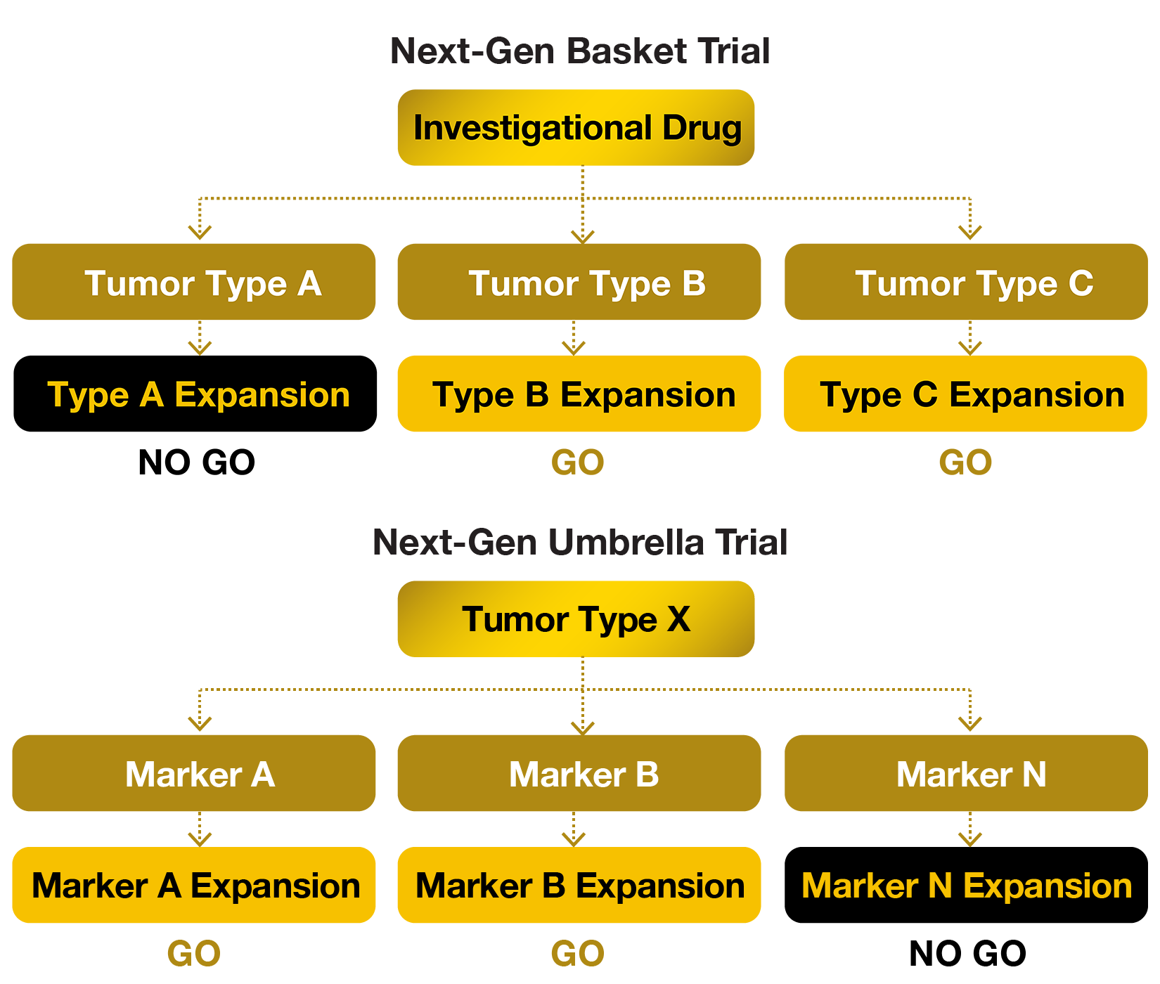 Diagram comparing Next-Gen Basket and Umbrella Trials. Basket Trial: Investigational Drug → Tumor Types A, B, C → Expansions: Type A (NO GO), Type B (GO), Type C (GO). Umbrella Trial: Tumor Type X → Markers A, B, N → Expansions: Marker A (GO), Marker B (GO), Marker N (NO GO).