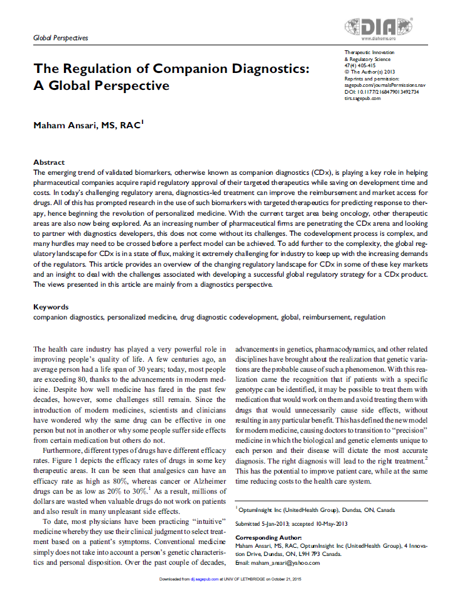 The Regulation of Companion Diagnostics A Global Perspective. Ther Innov Regul Sci. 2013